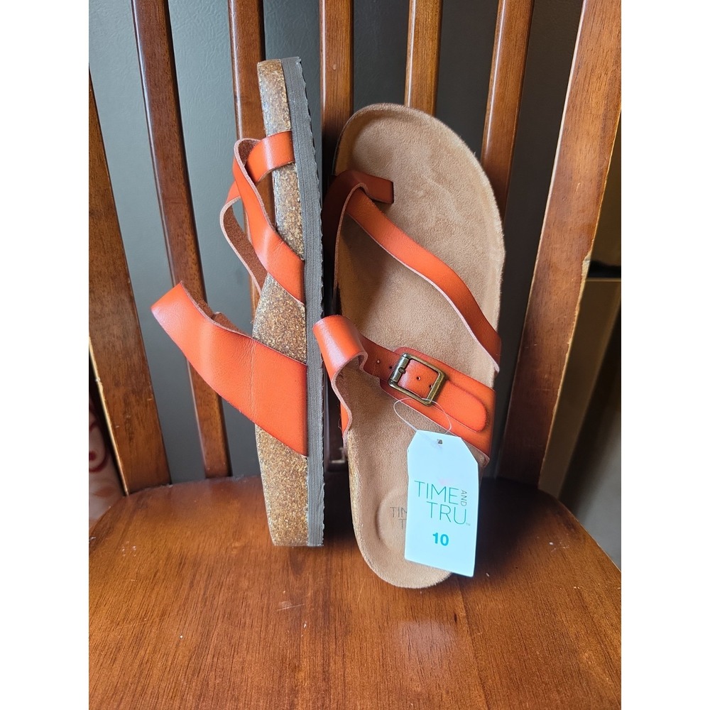 Time and Tru Women's Asymmetric Strap Cork Footbed cognac thong Sandals,  Siz 10